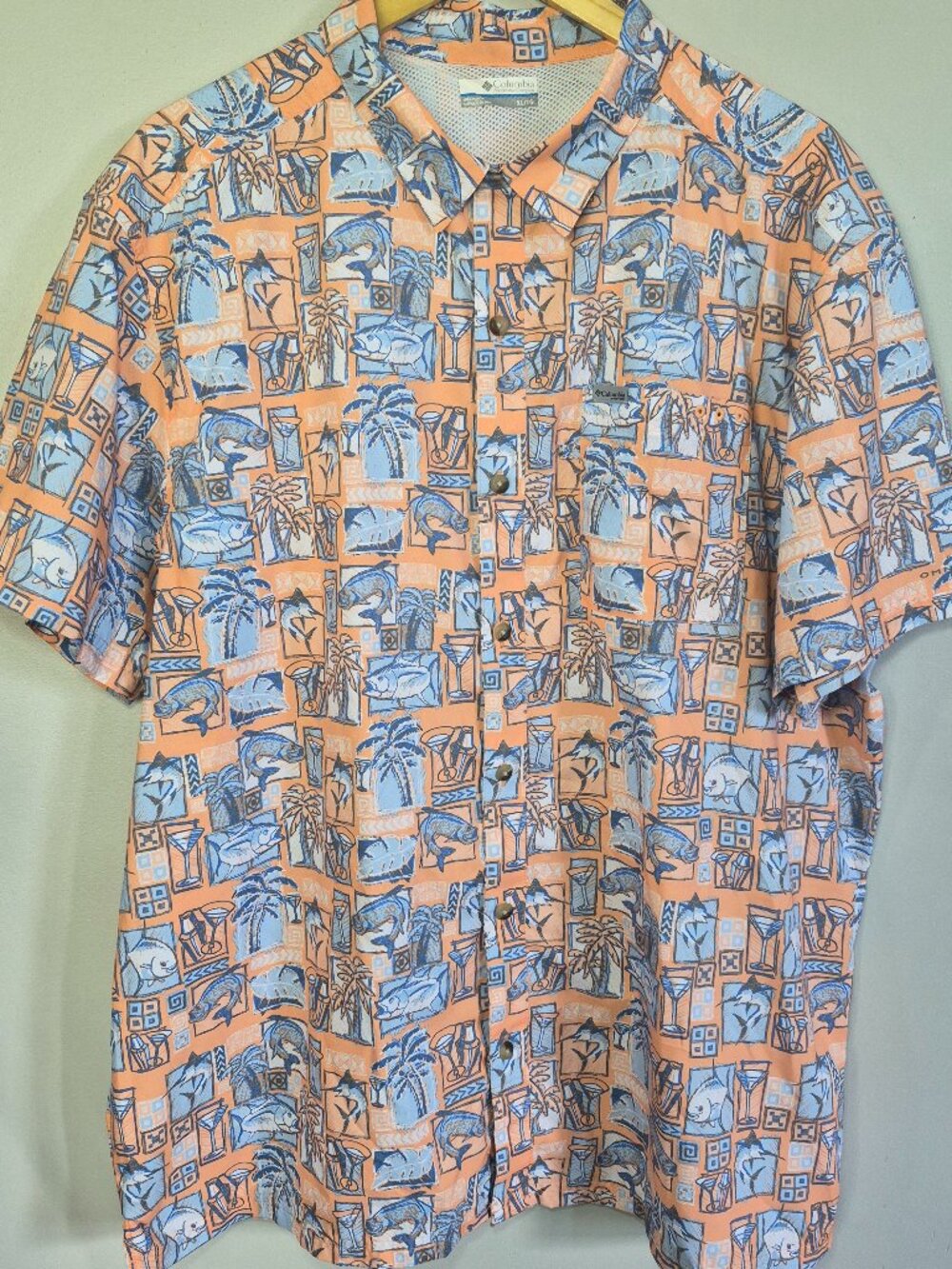 Columbia PFG Mens XL Orange Fish Palm Tree Tropical Short Sleeve Fishing Shirt